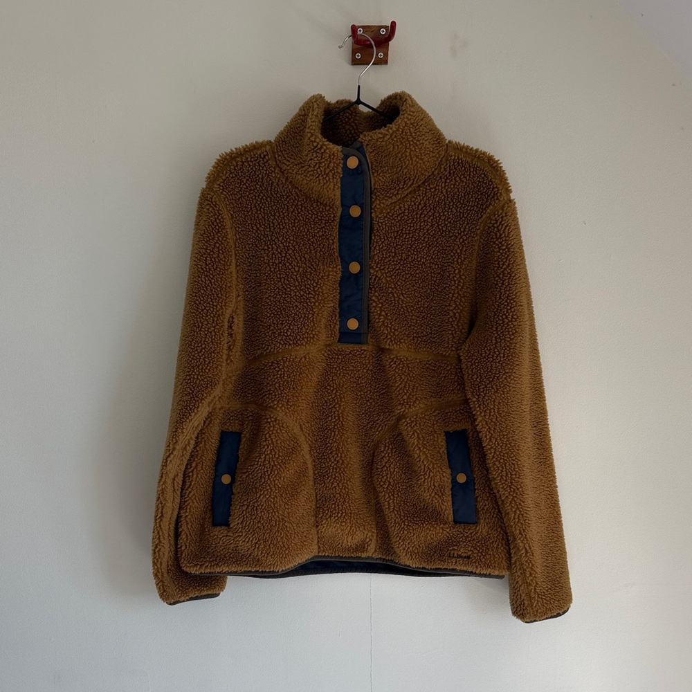 L.L. Bean Brown Sherpa Pullover with Navy Trim - Size S